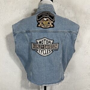 Y2K Harley Davidson Denim Vest Size L Distressed Florida Logo Patch Grunge VTG‎
